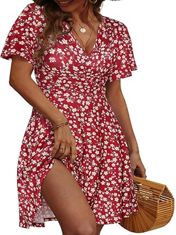 Robe fleurie pour femme - Col en V - Manches courtes - Coupe ajustée et évasée - Été