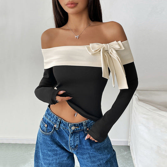 Top court femme – Coupe slim – Épaules dénudées – Manches longues – Nœud décoratif