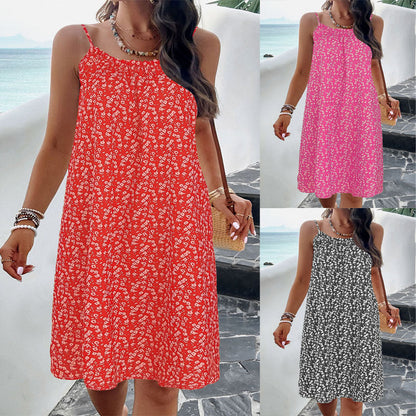 Robe trapèze femme – Imprimé fleuri – Bretelles fines – Coupe fluide – Longueur genou