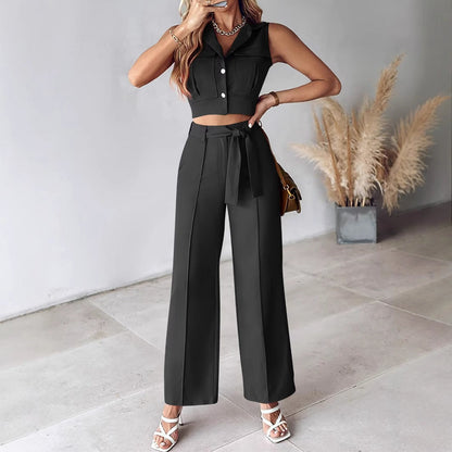 Ensemble Femme – Top Court Sans Manches à Col Boutonné – Pantalon Large Taille Haute Ceinturé