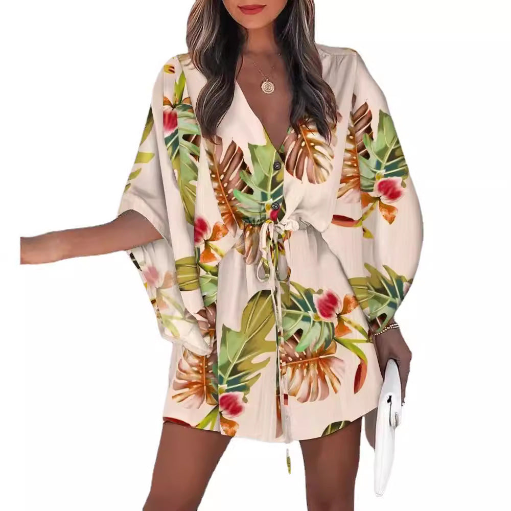 Robe fleurie à manches kimono pour femme - Boutonnée sur le devant - Ceinture à la taille
