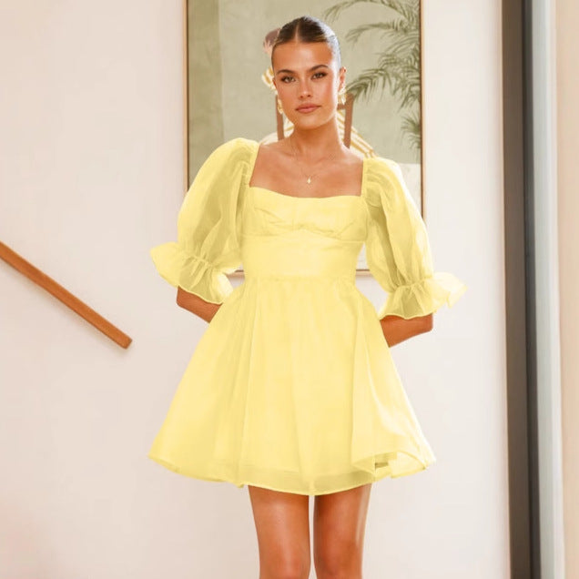 Robe mini femme – Manches bouffantes – Encolure carrée – Jupe évasée – Tissu vaporeux