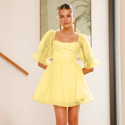 Robe mini femme – Manches bouffantes – Encolure carrée – Jupe évasée – Tissu vaporeux