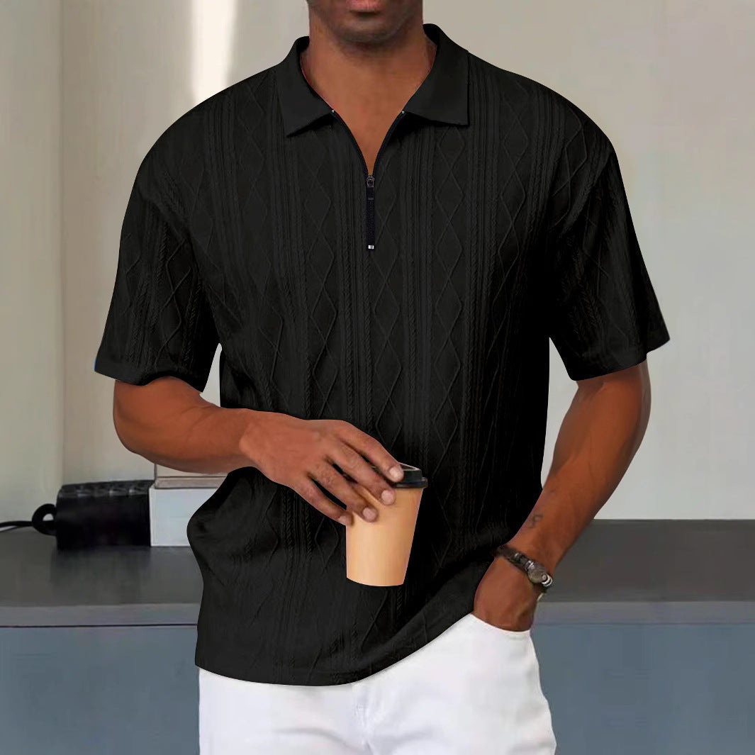 Polo homme – Maille douce – Coupe décontractée – Col zippé – Motif torsadé