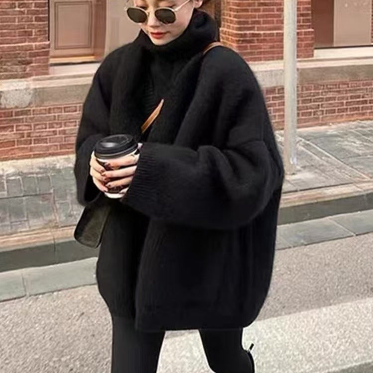 Cardigan femme oversize – maille douce mohair – col V – poches – mi-cuisse