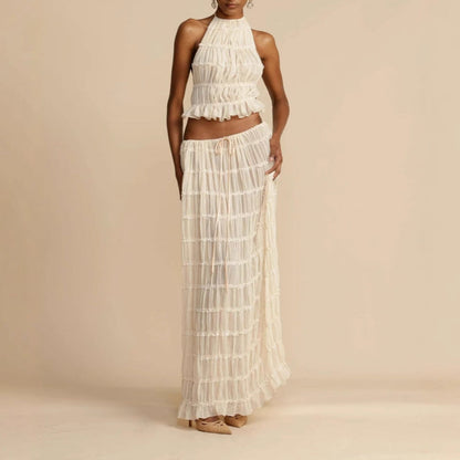 Ensemble femme deux pièces – haut dos nu froncé – jupe longue taille élastique – tissu respirant