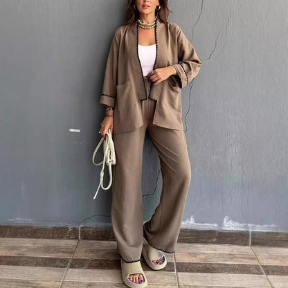 Ensemble Pantalon Femme – Coupe Ample – Blazer Long Ouvert – Tissu Léger et Doux