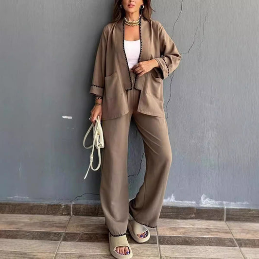 Ensemble Pantalon Femme – Coupe Ample – Blazer Long Ouvert – Tissu Léger et Doux