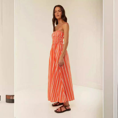 Robe longue femme – Épaules dénudées – Bretelles fines – Coupe fluide – Haut froncé