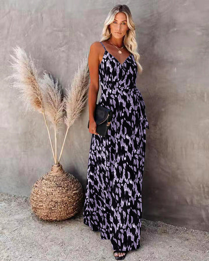Robe femme mi-longue – Coupe slim – Imprimé – Décolleté en V – Bretelles fines
