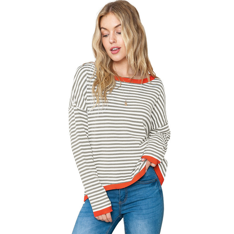 Women’s Sweater – Relaxed Fit – Knitted Stripe Pullover – Drop Shoulder – Casual Style