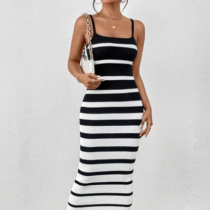 Robe Femme Bodycon – Coupe Ajustée – Maille Extensible – Bretelles Fines – Col Rond – Longueur Midi