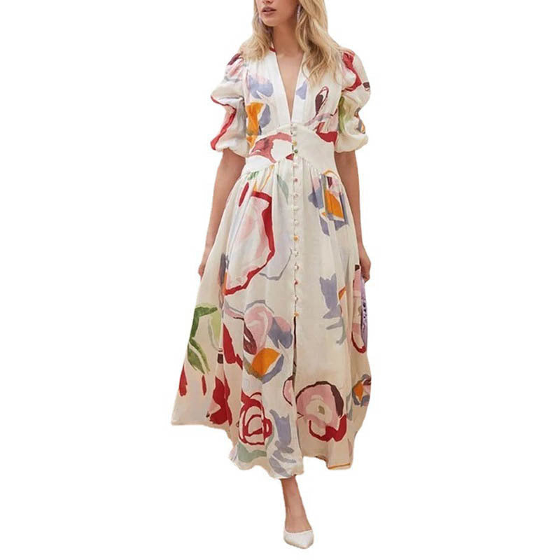 Robe longue femme – Fibres naturelles – Coupe fluide – Manches ballon – Imprimé abstrait