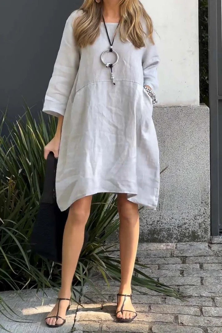 Robe femme – Coupe droite – Tissu coton lin – Manches 3/4 – Longueur genou – Poches