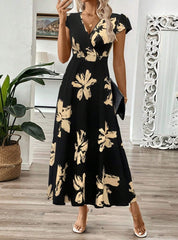 Robe longue femme – Coupe portefeuille élégante – Motif floral – Tissu respirant