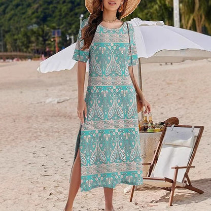 Robe longue femme – Coupe fluide – Imprimé fleuri – Style bohème – Fentes côtés