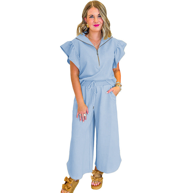 Ensemble Femme Décontracté – Haut Zip Volants Col Chemise – Pantalon Large Cordon