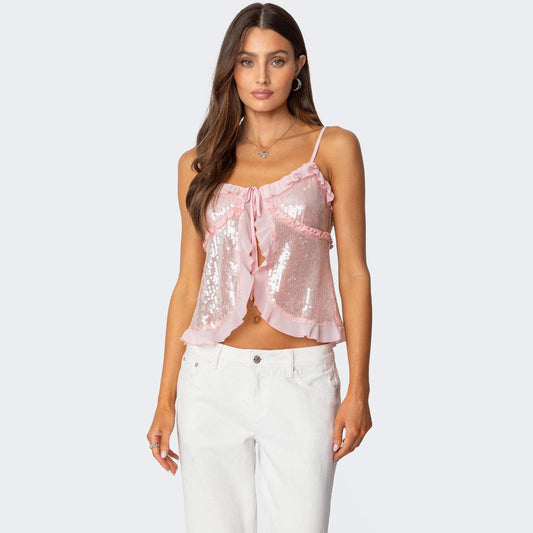 Top court dos nu femme – Sequins brillants – Coupe ajustée – Volants décoratifs