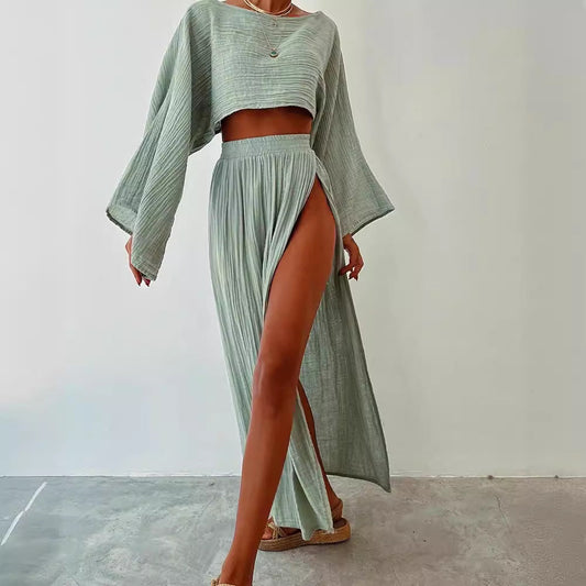 Top court femme – coupe ample – col bateau – manches 3/4 – mélange lin respirant