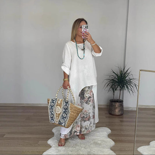 Tunique femme – Coupe ample – Coton respirant – Manches longues – Ourlet asymétrique