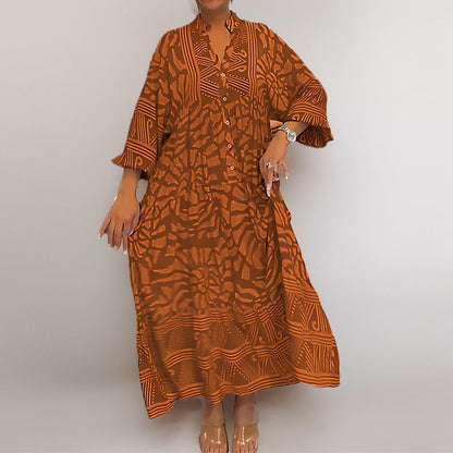 Robe midi femme – Coupe ample – Tissu léger – Imprimé – Manches retroussables