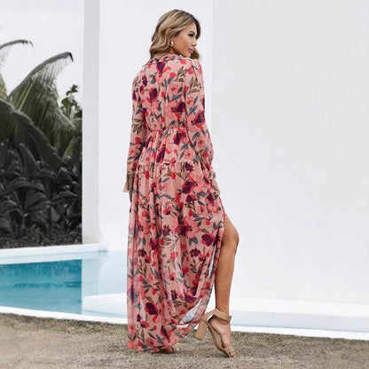 Robe longue femme – Chiffon léger – Imprimé fleuri – Col V – Manches longues