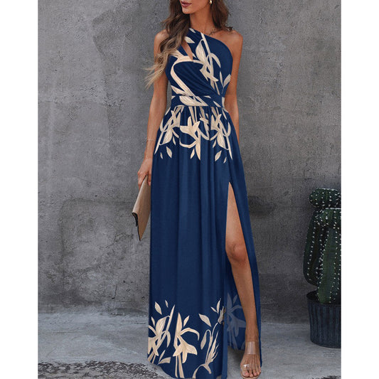 Robe longue élégante pour femme - Encolure asymétrique - Fente latérale haute