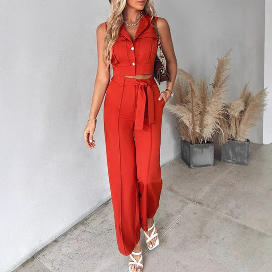 Ensemble Femme – Top Court Sans Manches à Col Boutonné – Pantalon Large Taille Haute Ceinturé