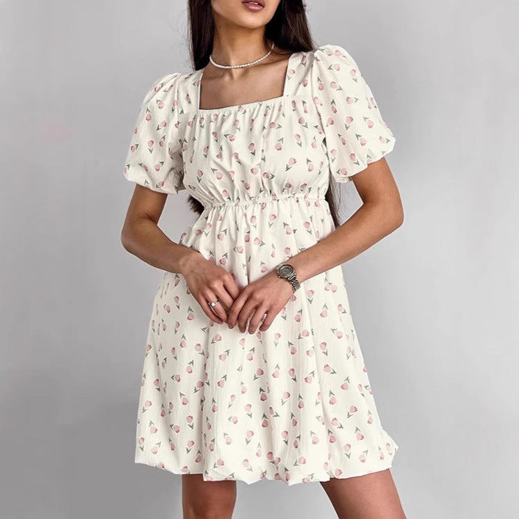 Robe femme évasée – Coton léger – Manches bouffantes – Imprimé fleuri – Col carré