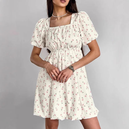 Robe femme évasée – Coton léger – Manches bouffantes – Imprimé fleuri – Col carré