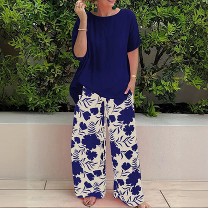 Pantalon large femme – Coupe fluide – Imprimé floral – Tissu lin léger