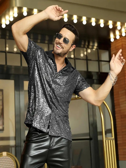 Chemise homme – Slim fit – Sequins brillants – Manches courtes style soirée