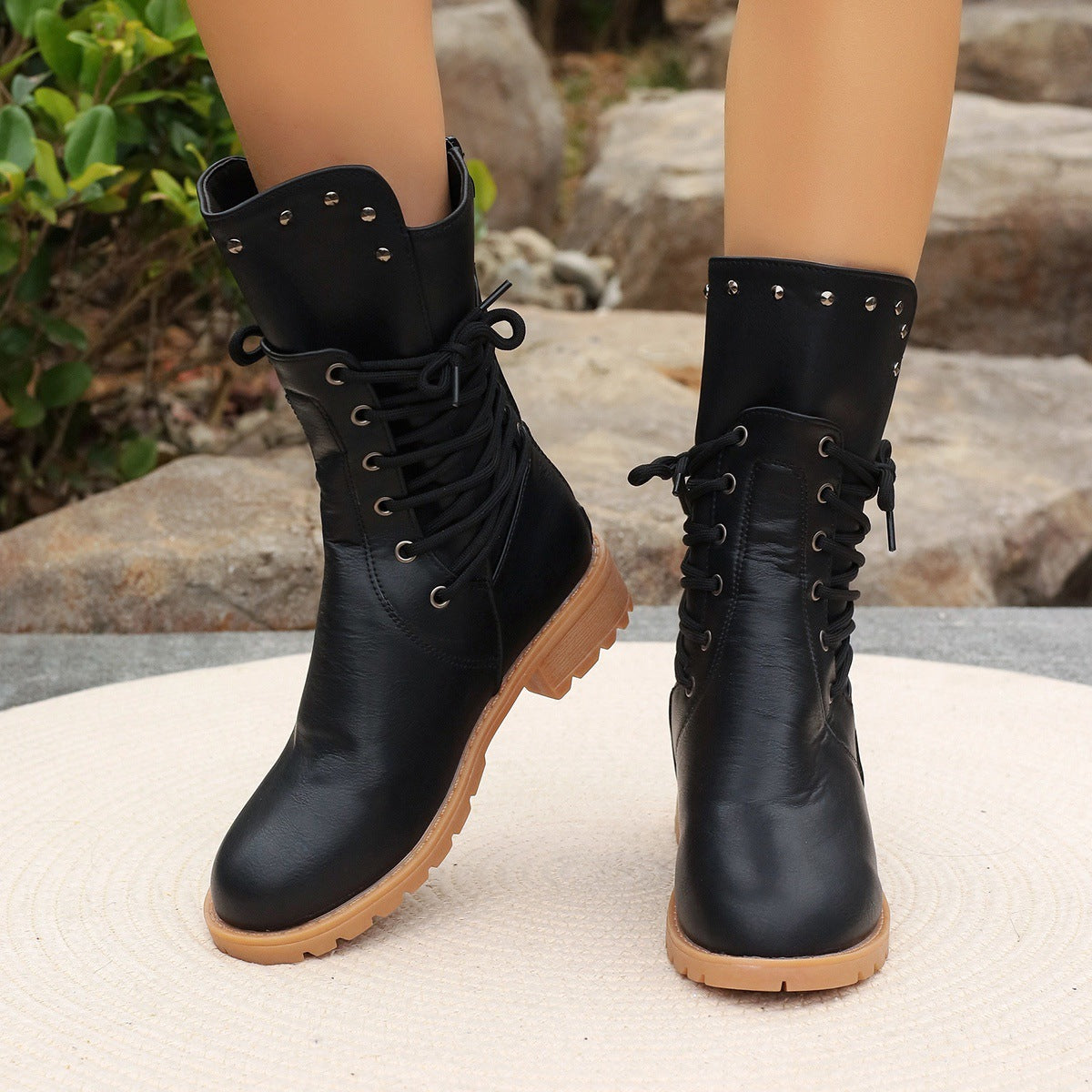 Bottes Femme Mi-Mollet – Similicuir – Lacets – Talon Épais – Semelle Crantée