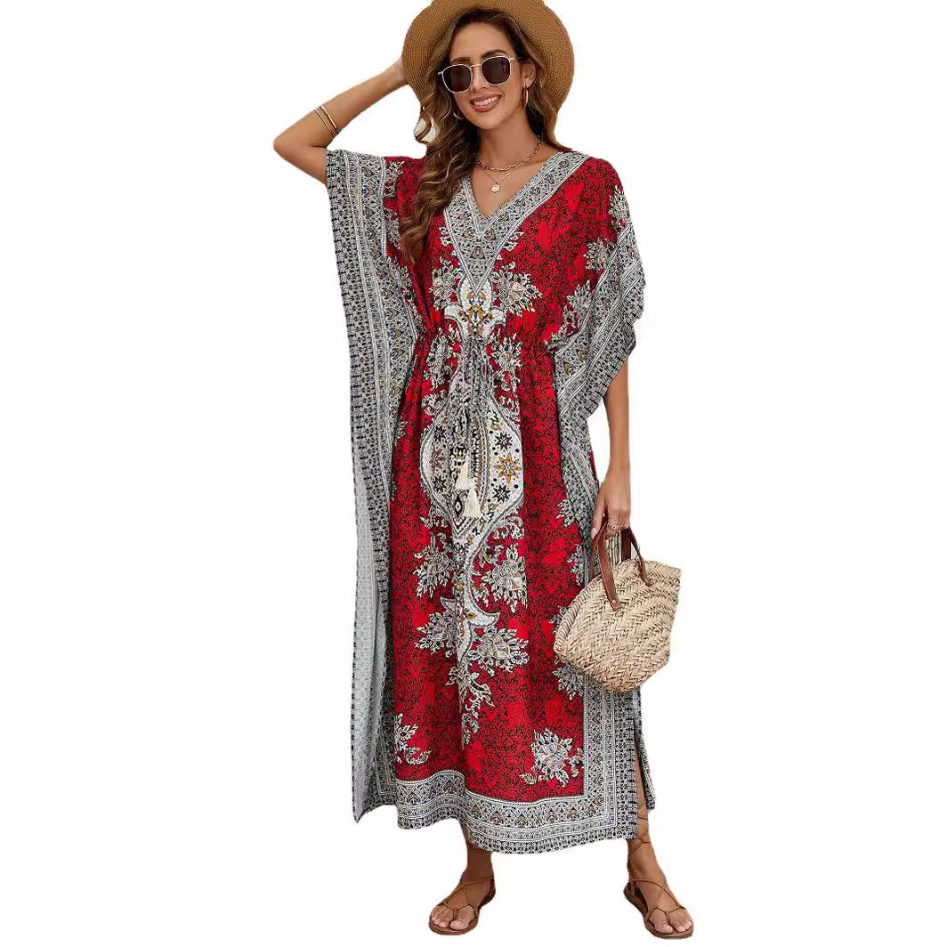 Robe longue femme – Tissu léger respirant – Manches larges – Motif orné – Décolleté V