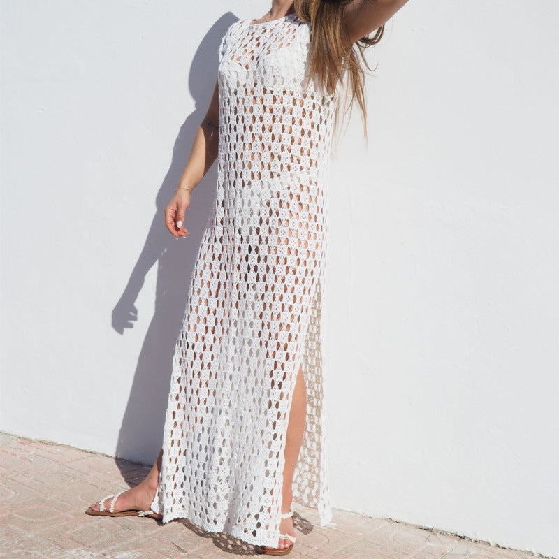 Robe longue femme – Maille crochet ajourée – Sans manches – Coupe fluide fendue