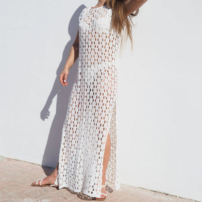 Robe longue femme – Maille crochet ajourée – Sans manches – Coupe fluide fendue