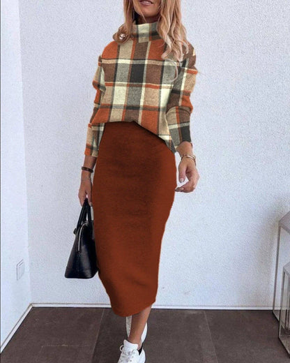 Ensemble Femme Deux Pièces – Maille Stretch – Haut Manches Longues – Jupe Midi Ajustée