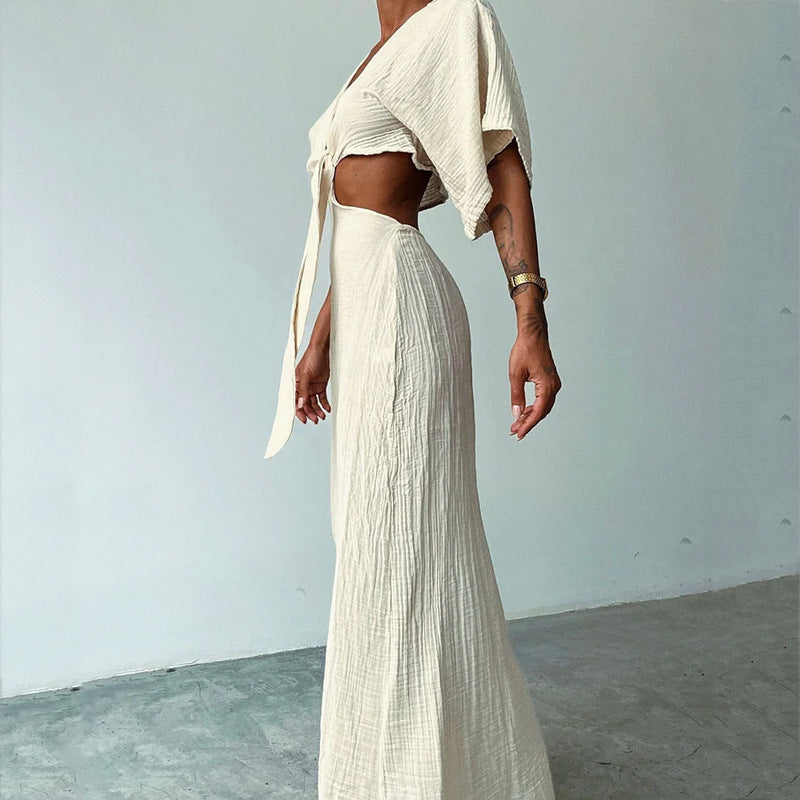 Robe longue femme – Coupe slim – Décolleté V – Dos nu – Découpes à la taille – Manches courtes