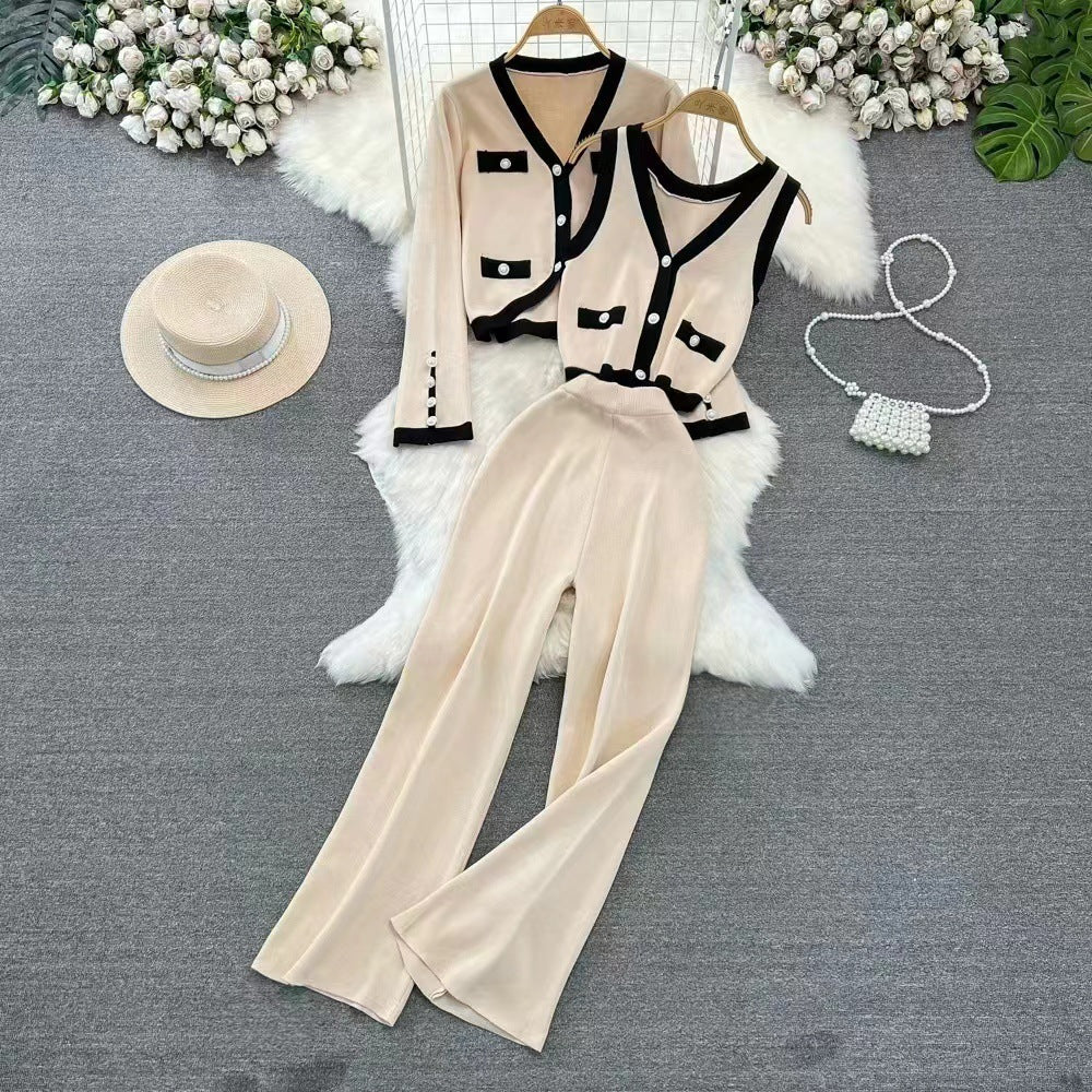 Ensemble Femme – Maille Douce – Pantalon Large Taille Haute – Gilet Court – Top Sans Manches