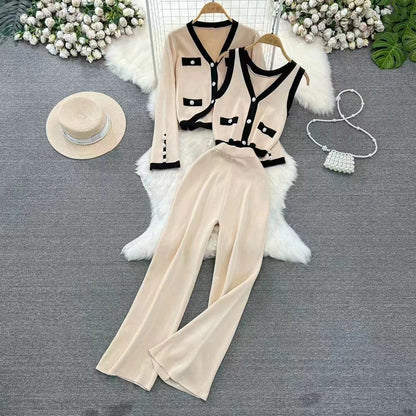 Ensemble Femme – Maille Douce – Pantalon Large Taille Haute – Gilet Court – Top Sans Manches