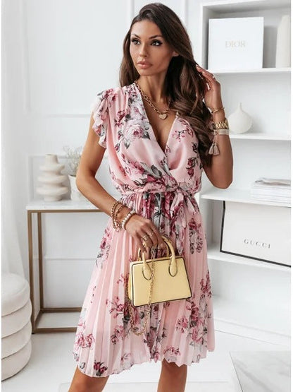 Robe femme midi – style portefeuille – manches volantées – imprimé fleuri – col V