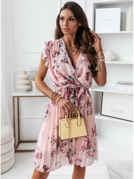 Robe femme midi – style portefeuille – manches volantées – imprimé fleuri – col V