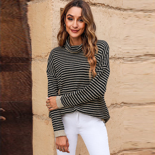Women’s Turtleneck Knitwear – Relaxed Fit – Wool Blend – Striped – Ribbed Hem & Cuffs