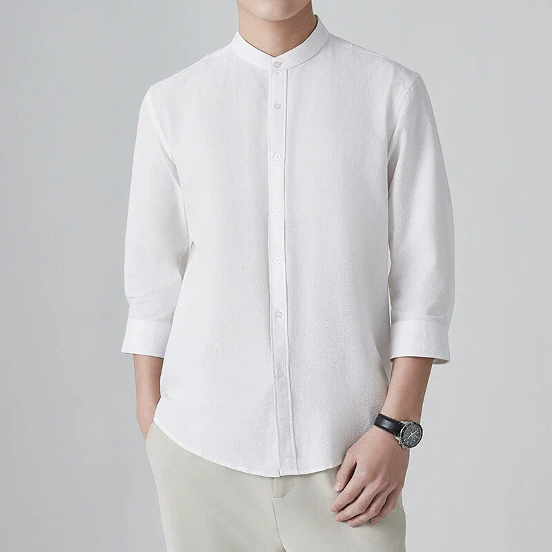 Homme Chemise - Tissu Tissé Texturé - Col Montant - Manches Trois-Quarts