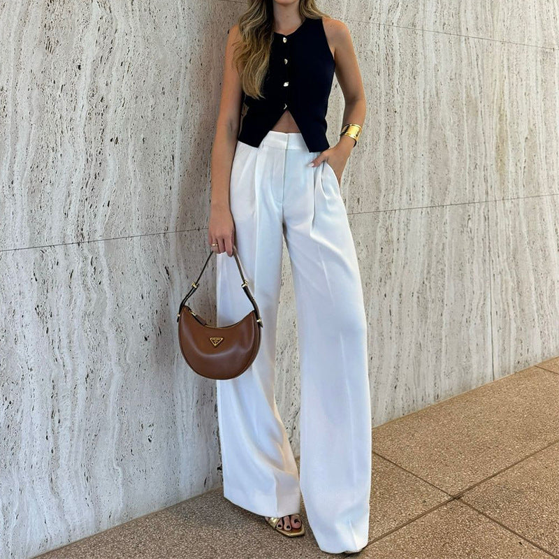 Pantalon large femme – Taille haute – Coupe fluide – Longueur totale – Tissu léger