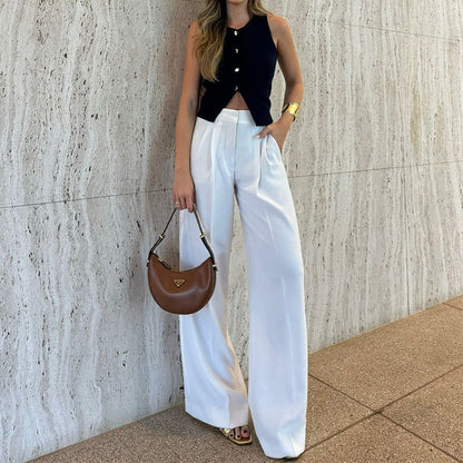 Pantalon large femme – Taille haute – Coupe fluide – Longueur totale – Tissu léger