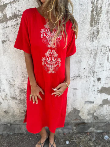 Robe midi femme – Fibres naturelles – Coupe ample – Manches courtes – Broderie devant