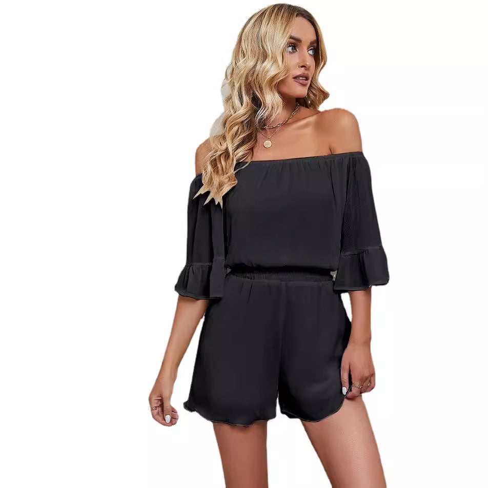 Combinaison Femme – Chiffon Léger – Épaules Dénudées – Manches Volantes – Taille Élastique – Coupe Courte