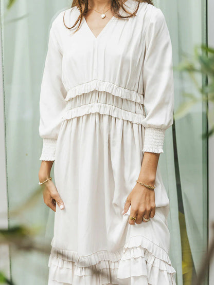 Robe midi femme – Col en V – Manches longues – Coton doux – Coupe fluide