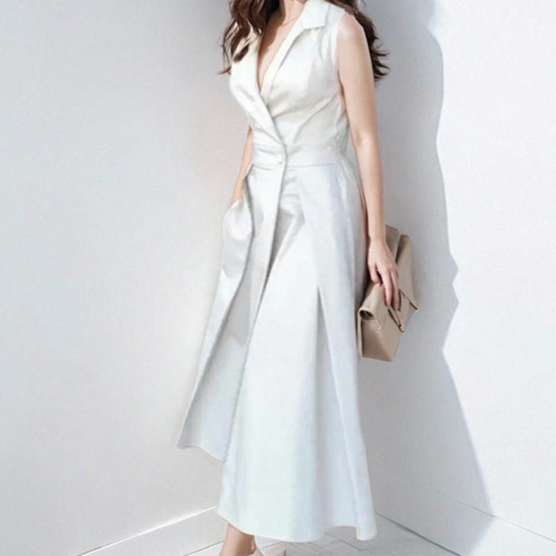 Robe midi femme – Cintrée taille – Col en V – Sans manches – Tissu fluide respirant